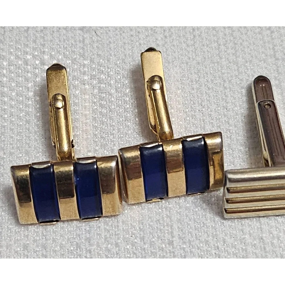 SWANK Vintage Rectangle Cufflinks Gold Tone Navy Blue Stripe Detail Formalwear‎